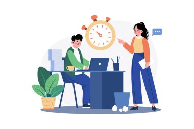 Son teslim tarihi illüstrasyonunda çalışan iş adamları. Beyaz arkaplanda izole edilmiş düz bir illüstrasyon