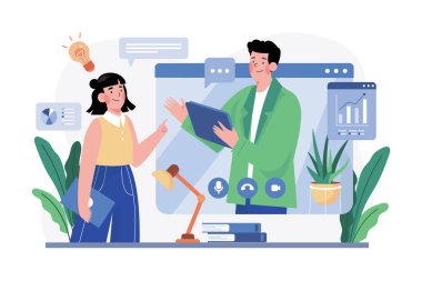 Çalışan Çevrimiçi Buluşma Çizimi konsepti. Beyaz arkaplanda izole edilmiş düz bir illüstrasyon