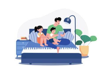 Baba ve Çocuklar Hikaye kitaplarıyla Birlikte Oturuyorlar