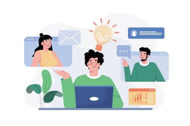 Çevrimiçi Konferans Buluşma Çizimi konsepti. Beyaz arkaplanda izole edilmiş düz bir illüstrasyon