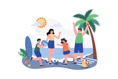 Aile Plajı Tatil Resimleri konsepti. Beyaz arkaplanda izole edilmiş düz bir illüstrasyon