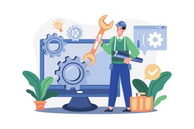 Mechanic Character Holding Wrench And Plastic Pipe