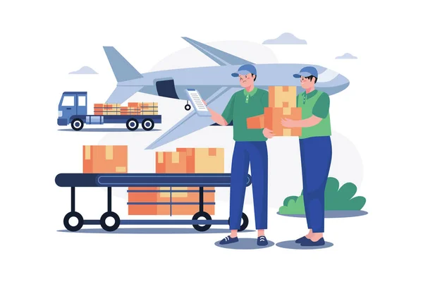 Worker Putting Boxes Cargo Plane — Stock Vector