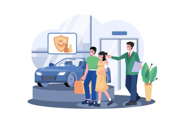 Araba galerisi müdürü bir çifte arabanın detaylarını veriyor.