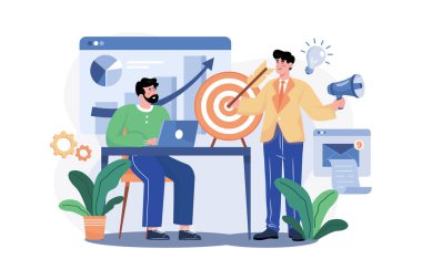 Pazarlama Müdürü Illustration konsepti. Beyaz arkaplanda izole edilmiş düz bir illüstrasyon