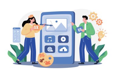 Ux Tasarımcı & Ui Geliştirici İllüstrasyon konsepti. Beyaz arkaplanda izole edilmiş düz bir illüstrasyon