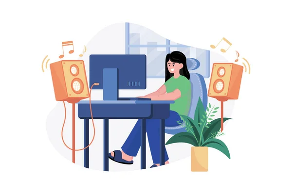 Listening Music While Doing Work Home — Stock Vector