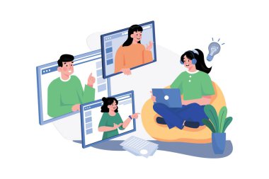 Çevrimiçi Konferans Buluşma Çizimi konsepti. Beyaz arkaplanda izole edilmiş düz bir illüstrasyon