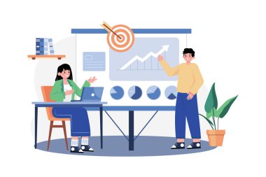 Çalışan Resimleri Sunar konsepti. Beyaz arkaplanda izole edilmiş düz bir illüstrasyon