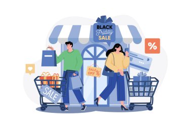 Kara Cuma Alışveriş Illustration konsepti. Beyaz arkaplanda izole edilmiş düz bir illüstrasyon