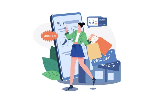 Nternetten Alışveriş Yapan Kadın Indirime Başvuruyor — Stok Vektör