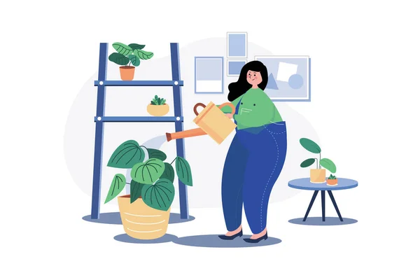 女人关心家庭植物图解的概念 白色背景上的平面插图 — 图库矢量图片