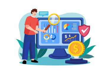 Finansal durum raporlarını inceliyorum. Beyaz arkaplanda izole edilmiş düz bir illüstrasyon