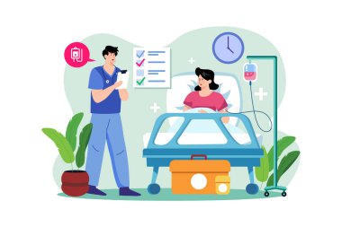 Hasta genç adam, düşenin yanında yatıyor.