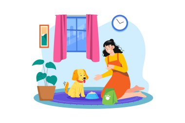 Genç bir kadın köpeğini Illustration konseptiyle besliyor. Beyaz arkaplanda izole edilmiş düz bir illüstrasyon