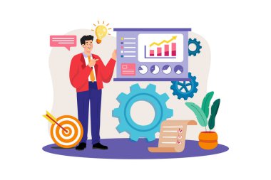 Veri analizi illüstrasyon konseptini sunan bir iş adamı. Beyaz arkaplanda izole edilmiş düz bir illüstrasyon