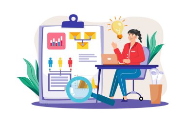 İş kadını Data Illustration konseptini düşünüyor. Beyaz arkaplanda izole edilmiş düz bir illüstrasyon