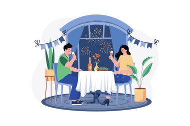 Yılbaşı gecesi illüstrasyon konsepti. Düz illüstrasyon beyaz arkaplanda izole edildi