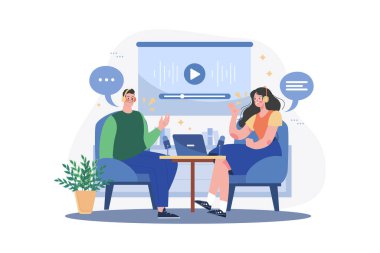 Man And Woman Recording A Podcast Conversation