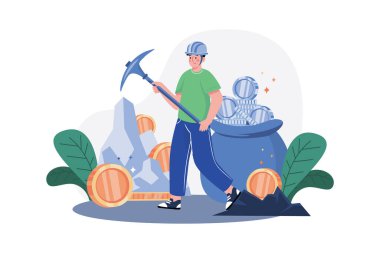 Kripto Para Madencilik Çizim Konsepti. Beyaz arkaplanda izole edilmiş düz bir illüstrasyon