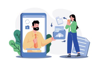 Çevrimiçi Dosya Paylaşım Çizimi konsepti. Beyaz arkaplanda izole edilmiş düz bir illüstrasyon