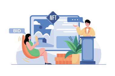 Beyaz arkaplan üzerine NFT Sanat BID Illustration kavramı