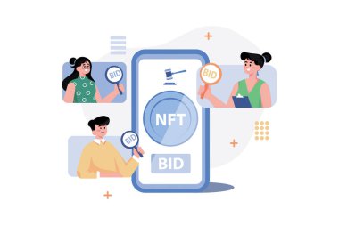 Beyaz arkaplan üzerine NFT Sanat BID Illustration kavramı