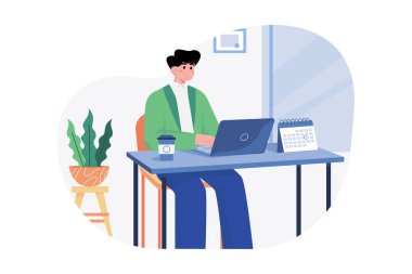 Beyaz arkaplan üzerine dizüstü bilgisayar çizimi üzerinde çalışan işadamı