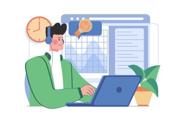 Beyaz arkaplan üzerine dizüstü bilgisayar çizimi üzerinde çalışan işadamı