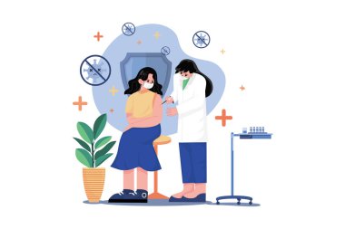 Aşı Covid-19 Illustration konsepti. Beyaz arkaplanda izole edilmiş düz bir illüstrasyon