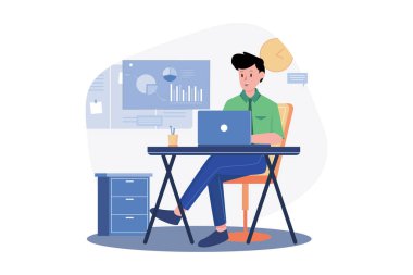 Beyaz arkaplan üzerine dizüstü bilgisayar çizimi üzerinde çalışan işadamı