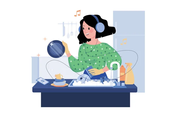 Women Listen Podcast While Washing Dishes — Stock Vector