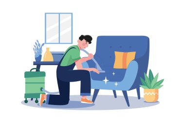 Man Cleaning The Sofa With The Vacuum Cleaner