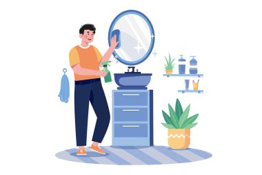 Man Cleaning Mirror In The Bathroom
