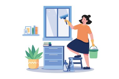 Woman Doing Window Cleaning With Cleaning Equipment