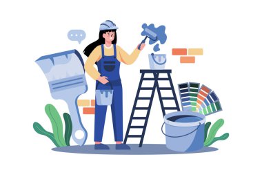 Beyaz arka planda kadın ressam duvar resimleri konsepti