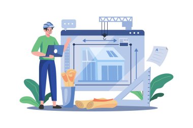 Erkek Müteahhit, beyaz arkaplan üzerine dizüstü bilgisayar çizimi üzerinde çalışıyor