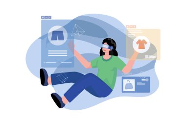 VR gözlük takan kadın metaevrende alışveriş konusunda 3 boyutlu deneyime sahip.