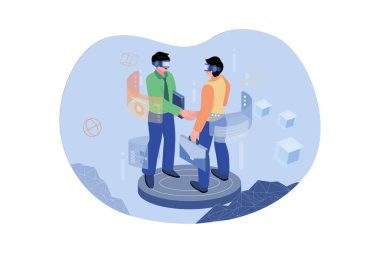 Sanal gözlük takan adam sanal bir alanda hologramla el sıkışıyor.