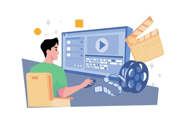Video Creator Επεξεργάζεται Βίντεο Επαγγελματικό Εξοπλισμό — Διανυσματικό Αρχείο