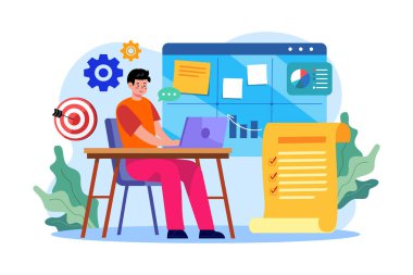 Beyaz arkaplan üzerine veri resimleme kavramını analiz eden işadamı