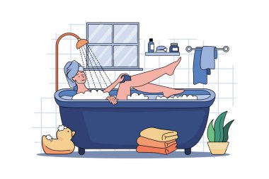 Karantina sırasında banyoda dinlenen bir kız.