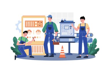Factory Worker Repairing Machine Illustration concept on white background