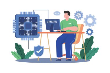 Beyaz arka planda mikroçip imalat Illustration kavramı