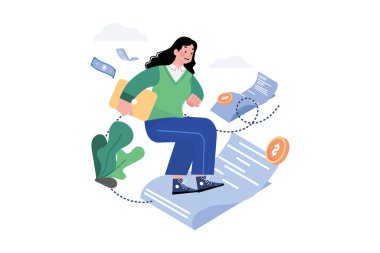 Kadın bir fatura ile ofise uçuyor.