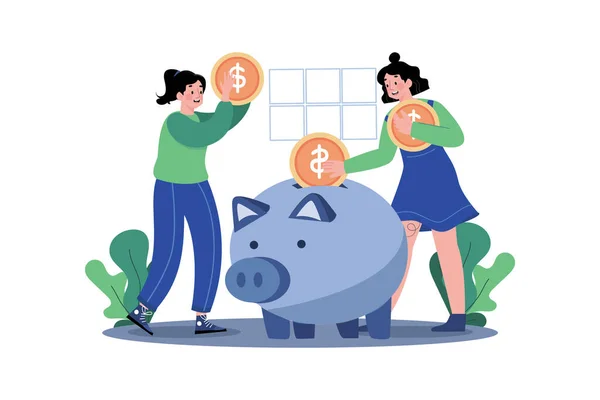 Woman Puts Money Piggy Bank — Stock Vector