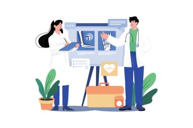 Erkek doktor, kadın bir stajyerle konuşuyor.