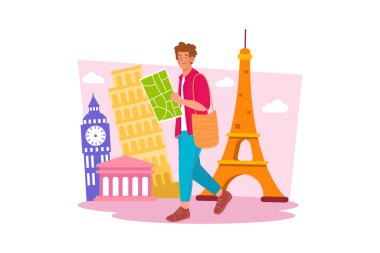 Şehirdeki yerleri keşfetmek için yürüyen bir adam.