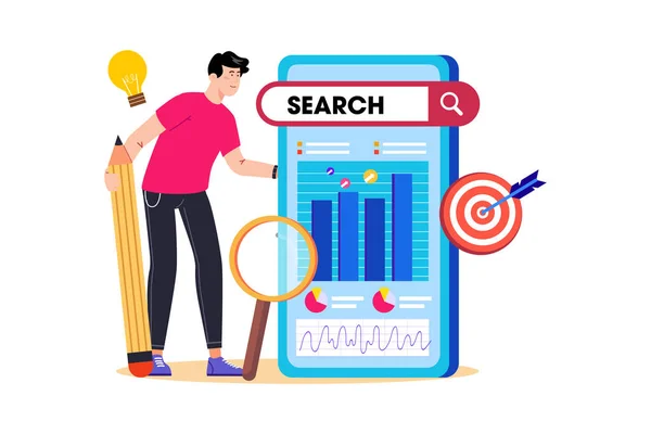 Specjalista Seo Analizuje Analitykę Stron Internetowych Celu Poprawy Rankingu Wyszukiwarek — Wektor stockowy
