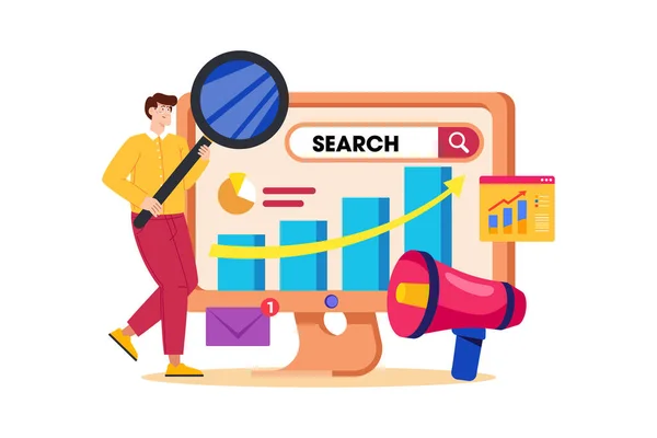 検索エンジンマーケティング担当者は 検索エンジンで広告キャンペーンを作成および管理します — ストックベクタ
